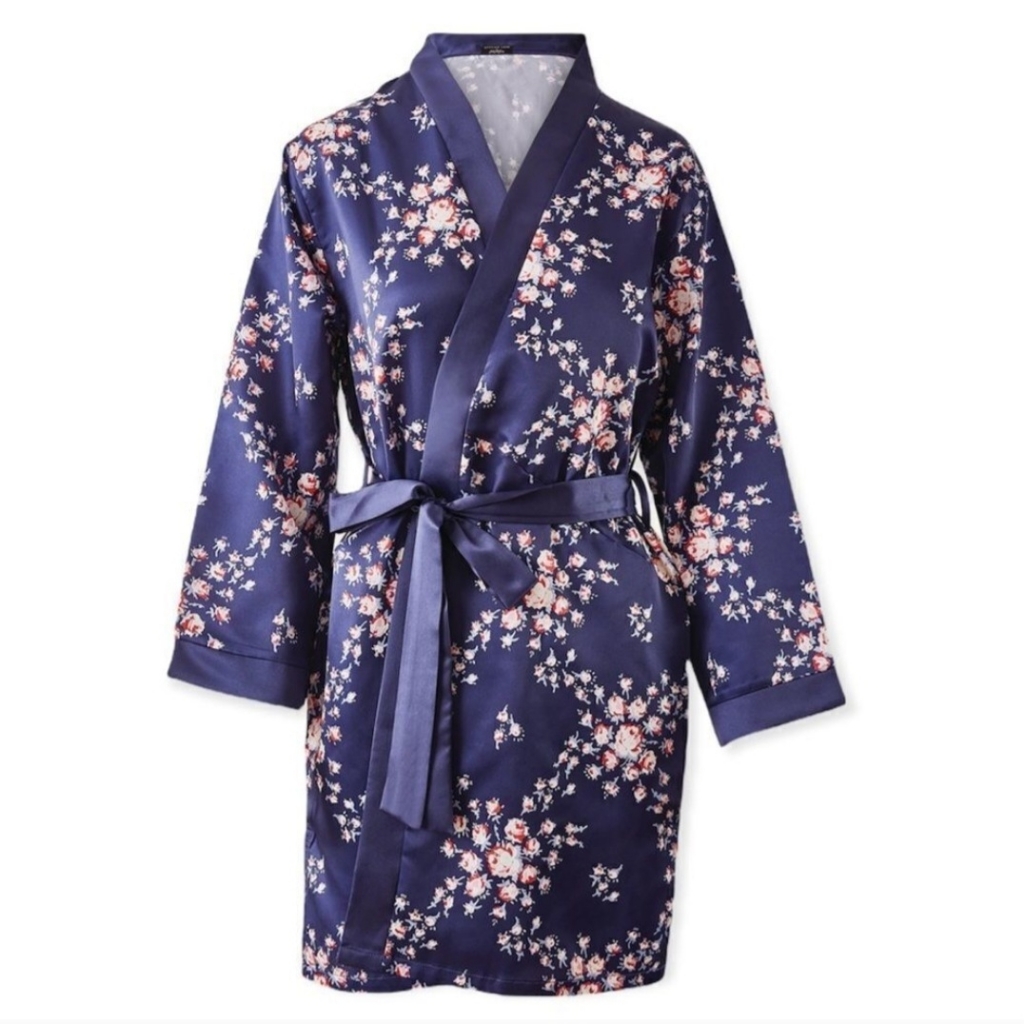 Nwt Morgan Lane X Fab Fit Fun Satin Navy Blue Floral Robe, Lightweigh